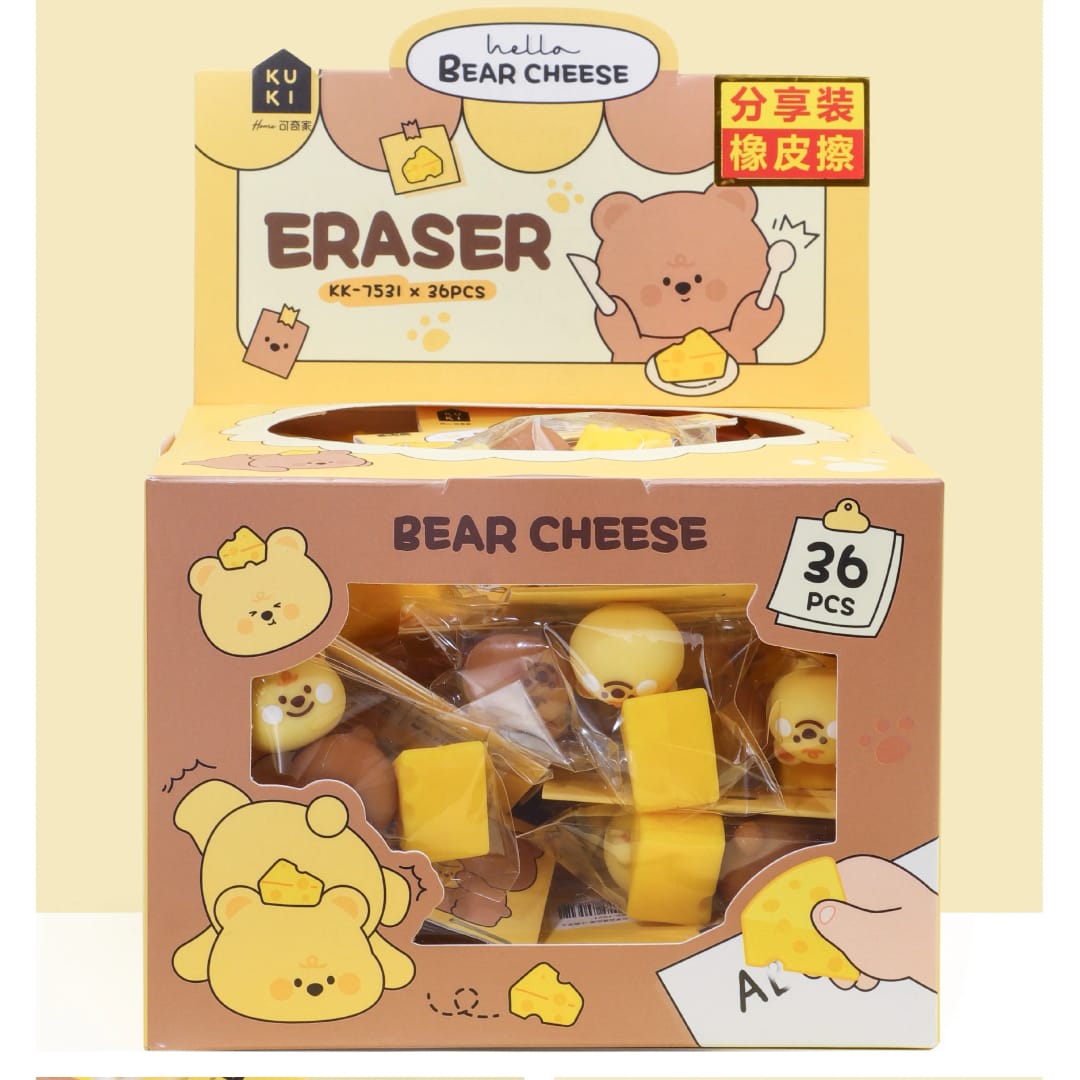 Bear & Cheese – 3-Piece Themed Eraser Set